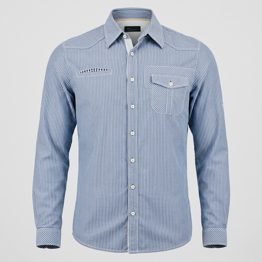 Zara Man Blue White Striped Shirt Contrast Placket Button Down Size Large